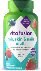 Vitafusion Gorgeous Hair, Skin & Nails Gomitas Multivitamínicas con Biotina y Vitaminas C y E, Sabor Frambuesa, 135 gominolas