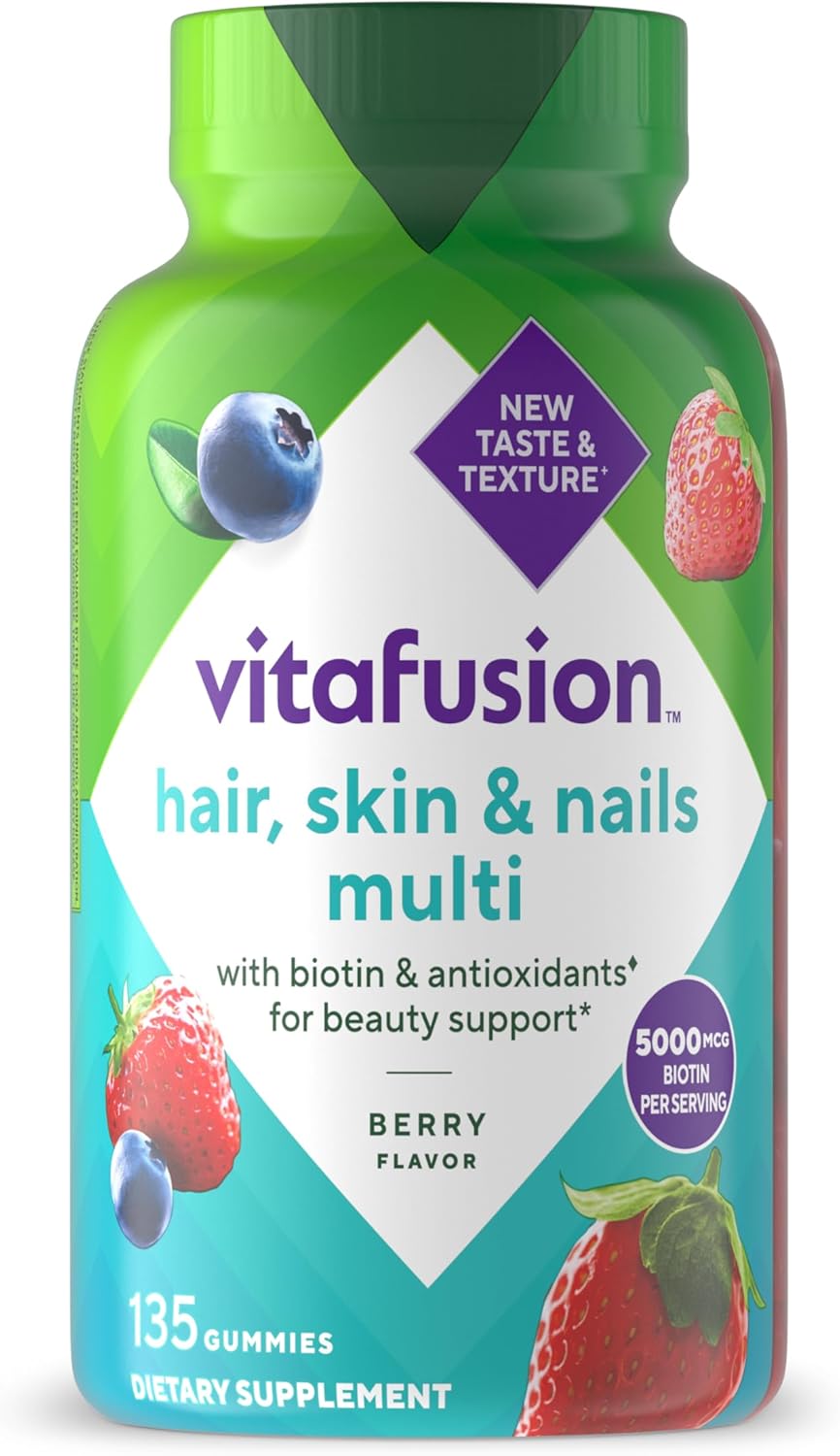 Vitafusion Gorgeous Hair, Skin & Nails Gomitas Multivitamínicas con Biotina y Vitaminas C y E, Sabor Frambuesa, 135 gominolas