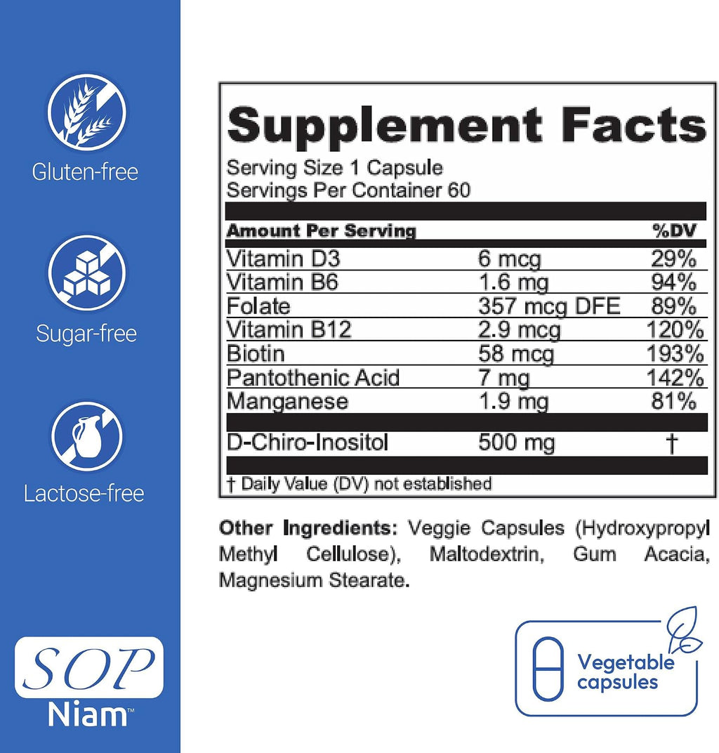 SOP NIAM D-Chiro Inositol 500mg con Ácido Fólico, Vitamina D3, B6, B12 y Biotina - 60 Cápsulas Veganas