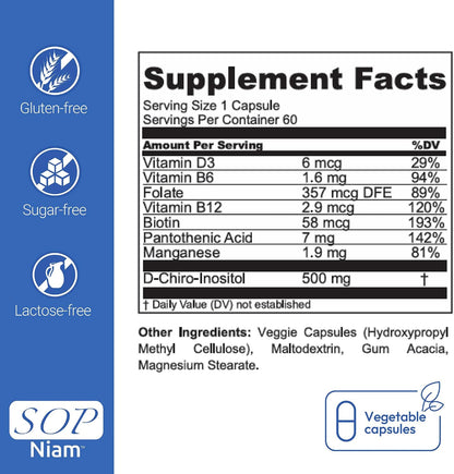 SOP NIAM D-Chiro Inositol 500mg con Ácido – Ácido pantoténico (vitamina B5): Contribuye a la síntesis y – Image 7