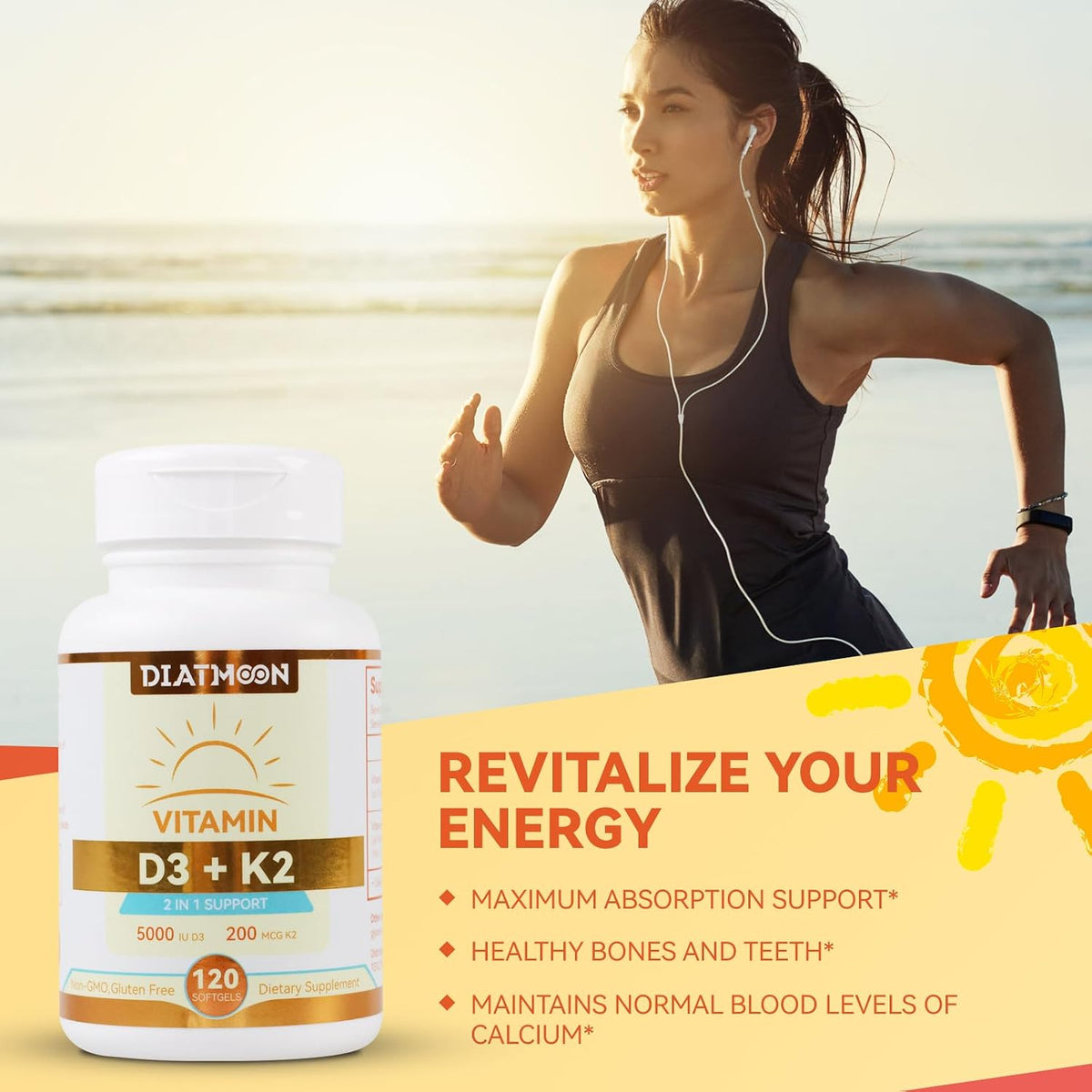 DIATMOON Vitamina D3 K2 5000 UI + 200 mcg MK-7, 120 Cápsulas Blandas – Image 4