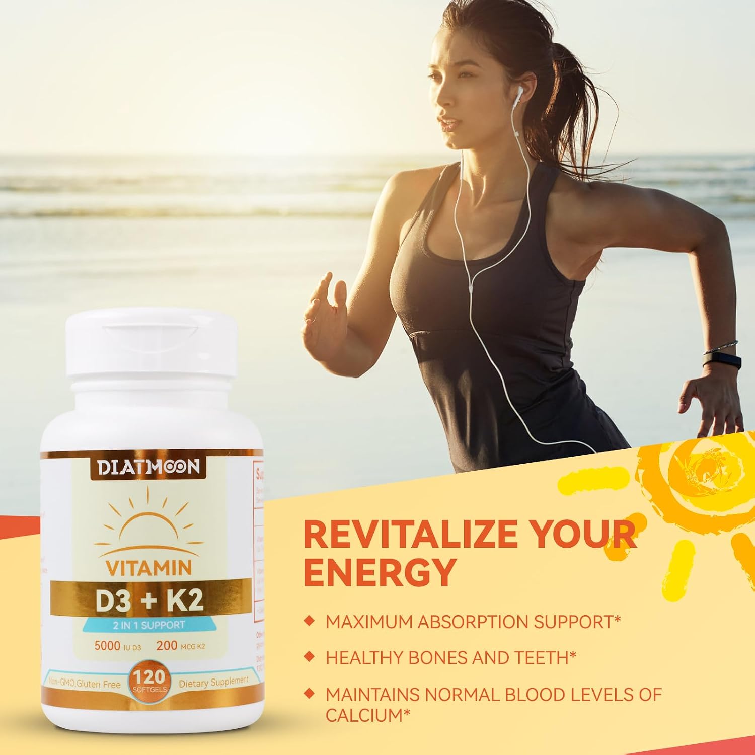 DIATMOON Vitamina D3 K2 5000 UI + 200 mcg MK-7, 120 Cápsulas Blandas