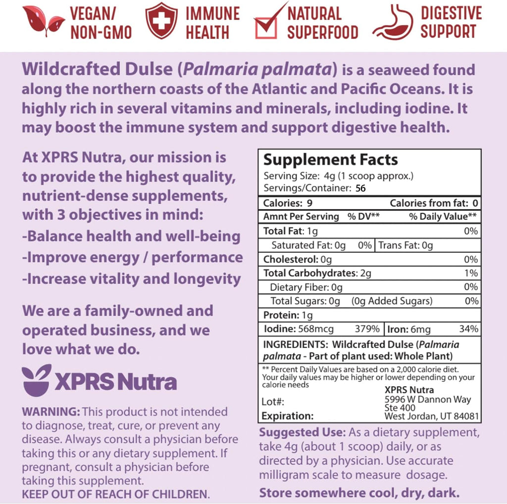 XPRS Nutra Polvo de Dulse (Palmaria Palmata) – Alga Atlántica Silvestre de Nueva Escocia – Vegano (227 g)