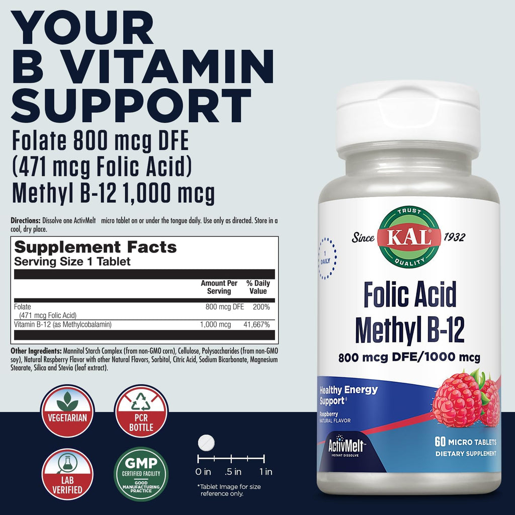 KAL Ácido Fólico 800 mcg con Metil B-12 Comprimidos sabor Frambuesa - 60 unidades