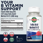 KAL Ácido Fólico 800 mcg con Metil B-12 Comprimidos sabor Frambuesa - 60 unidades