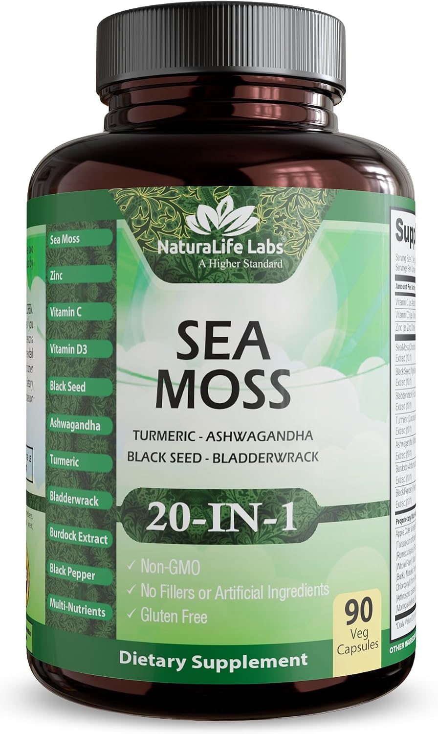 Sea Moss, Aceite de Semilla Negra, Bladderwrack, Cúrcuma, Ashwagandha, Bardana, Vitamina C, D3, Raíz de Yellow Dock, Manuka, Diente de León - 90 Cápsulas Veganas