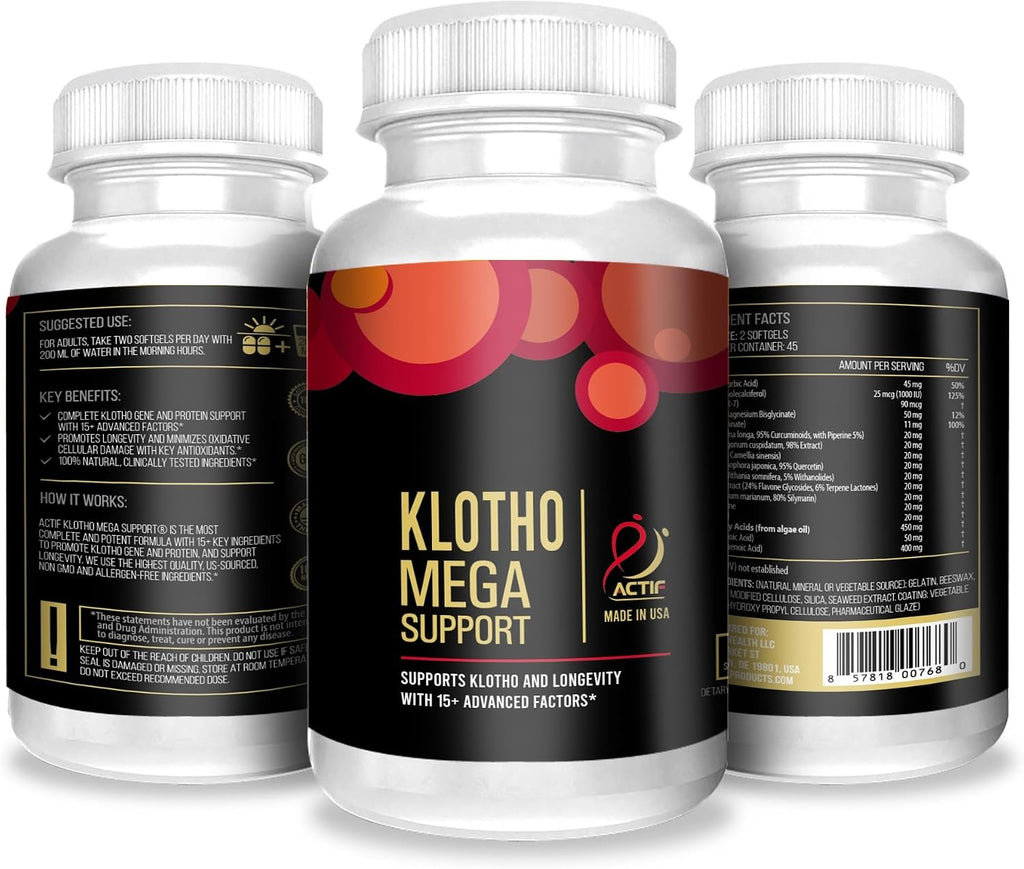 ACTIF Klotho Mega Support con 20+ Factores Avanzados para el Apoyo a la Longevidad - No OGM, Fabricado en EE.UU., 90 unidades