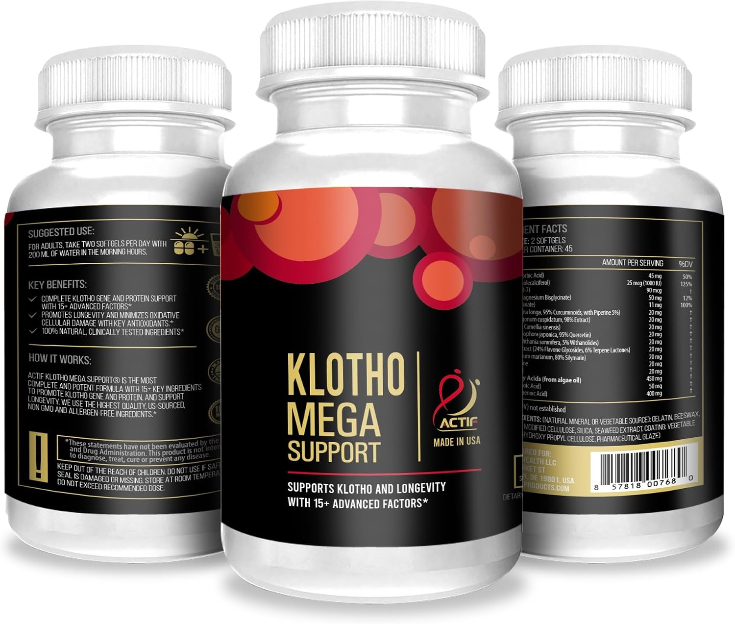 ACTIF Klotho Mega Support con 20+ Factores Avanzados para el Apoyo a la Longevidad - No OGM, Fabricado en EE.UU., 90 unidades