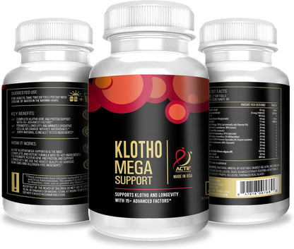 ACTIF Klotho Mega Support con 20+ Factores Avanzados para el Apoyo a la Longevidad - No OGM, Fabricado en EE.UU., 90 unidades