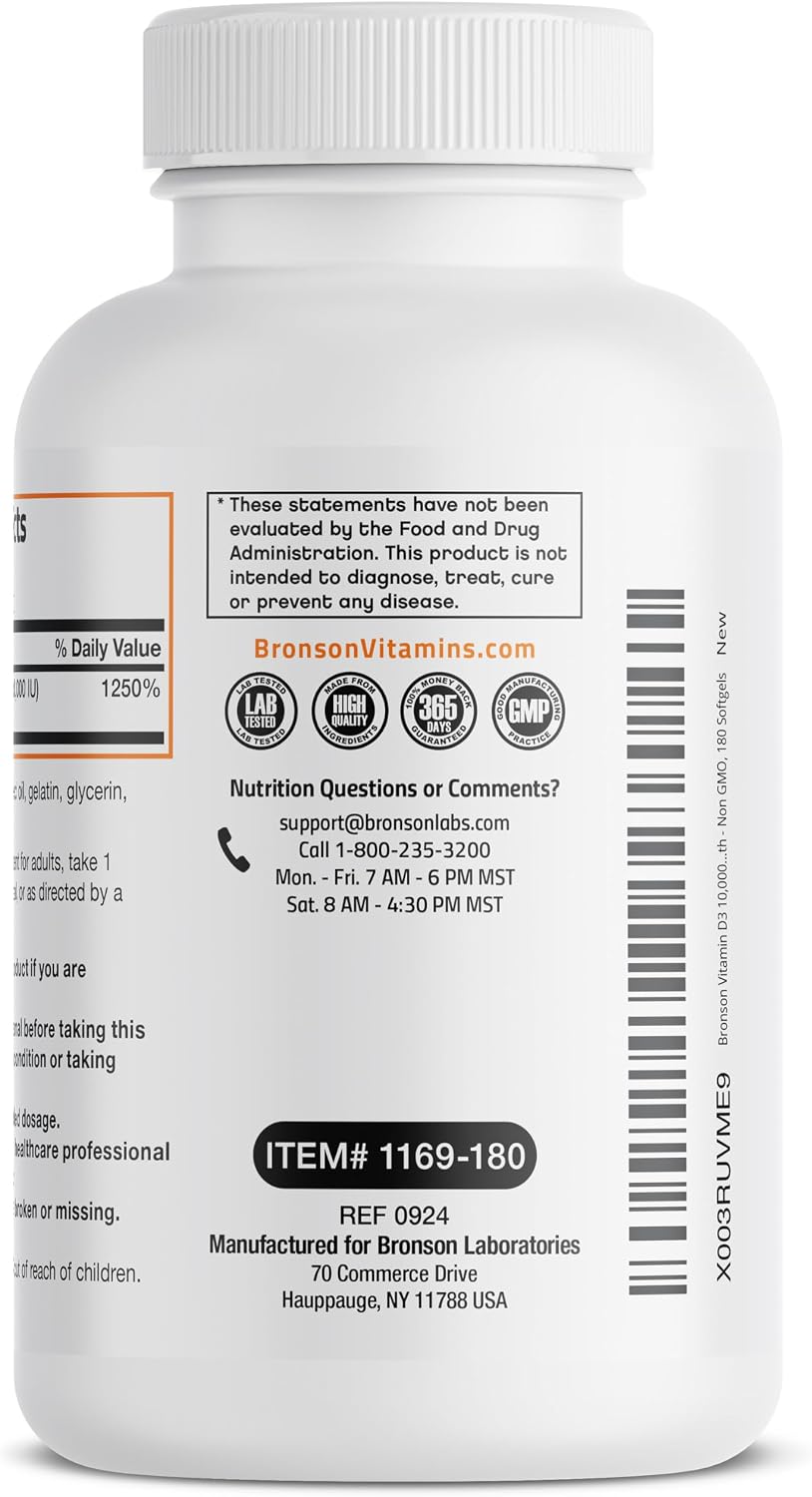 Bronson Vitamin D3 10,000 IU (250 mcg) Alta Potencia - Apoya el Sistema Inmunitario, Huesos, Músculos y Dientes - No GMO, 180 Cápsulas Blandas