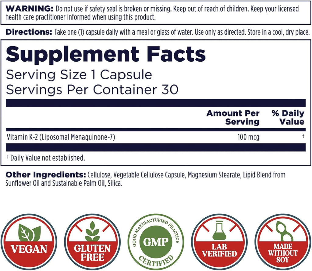 KAL Vitamina K2 Liposomal con MK7 100 mcg - Alta Absorción, Vegano, Sin Gluten, 30 Cápsulas