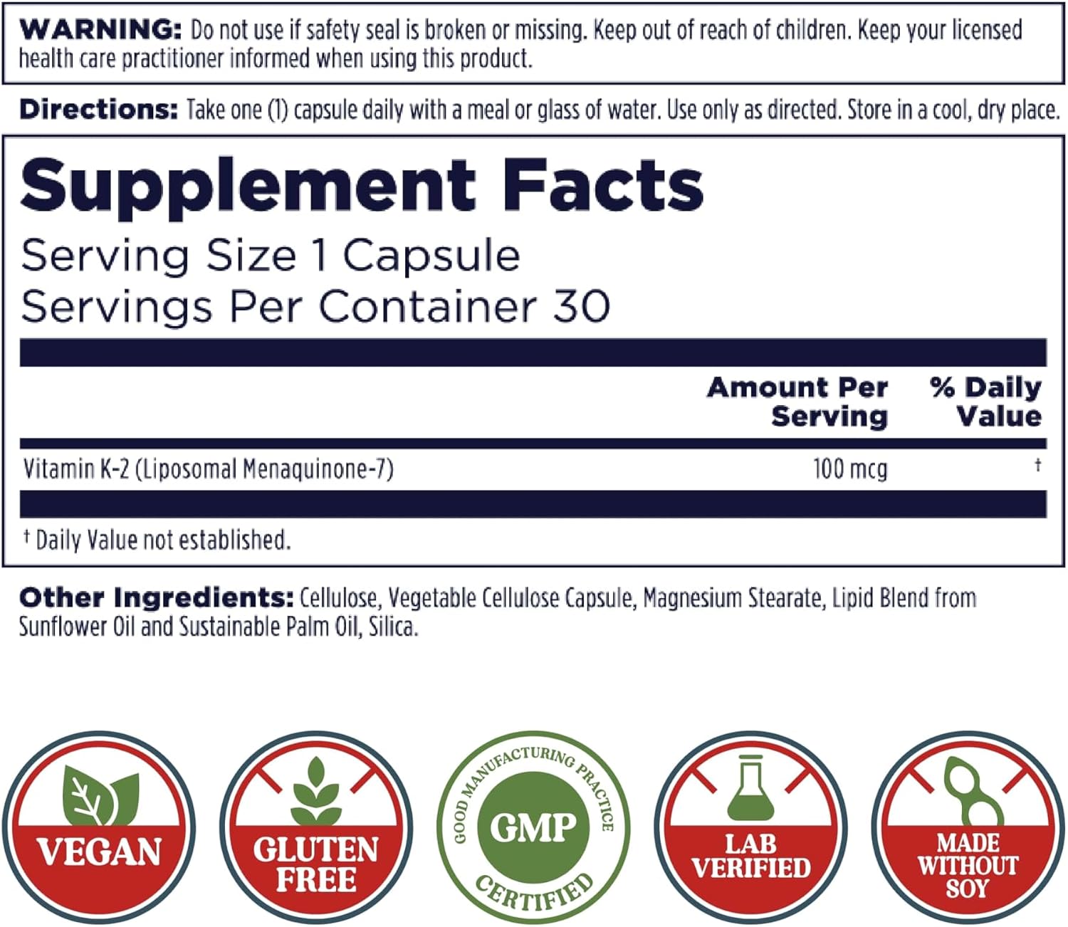 KAL Vitamina K2 Liposomal con MK7 100 mcg - Alta Absorción, Vegano, Sin Gluten, 30 Cápsulas
