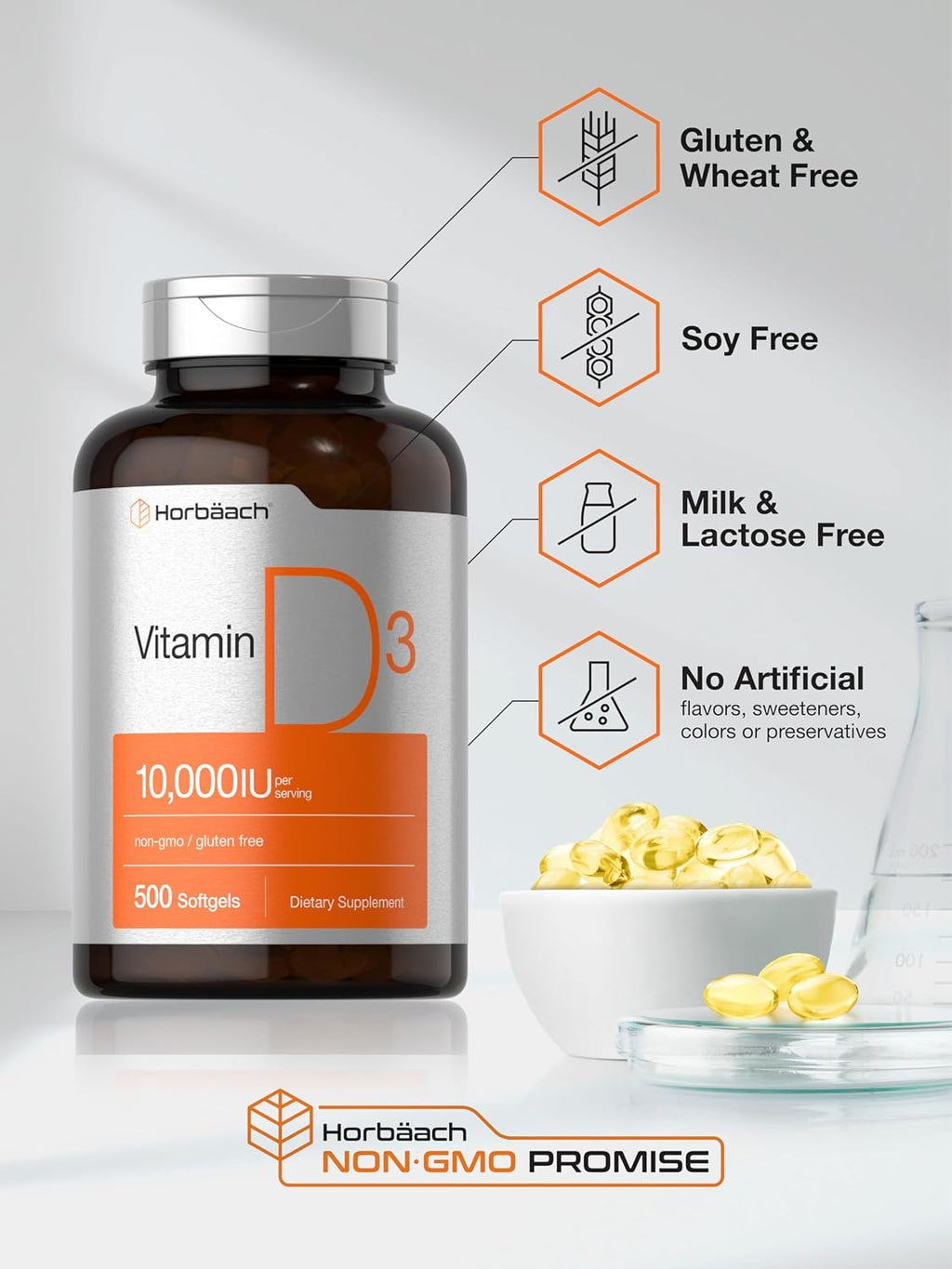 Horbäach Vitamina D3 10000 IU - 500 Softgels | Suplemento No-GMO, Sin Gluten, Alta Potencia (250 mcg)
