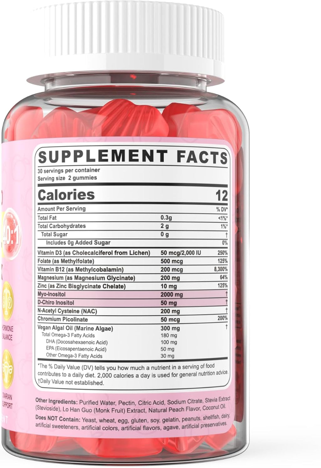 Myo-Inositol & D-Chiro Inositol Gummies Sin Azúcar, Ratio 40:1 con Omega-3 Vegano, Vitamina D3, Magnesio, Folato Metilado, B12 - Complemento Multivitamínico para el Bienestar Femenino