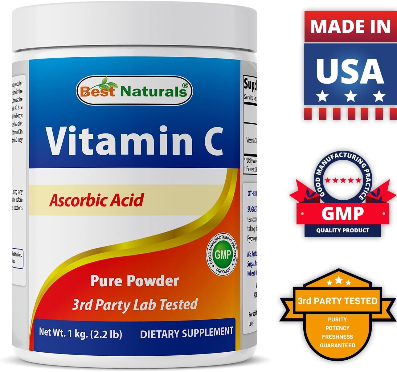 Best Naturals Vitamina C Pura en Polvo 100% - 454 g (1 lb) - Pack de 3