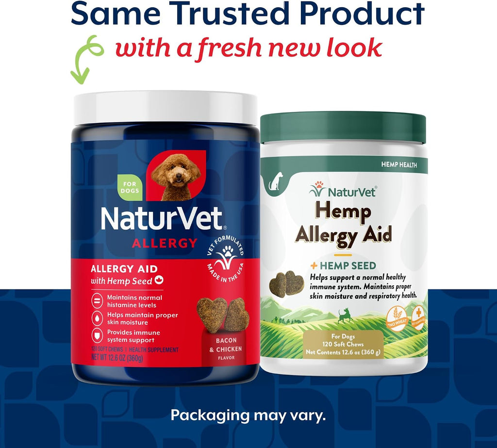 NaturVet Hemp Allergy Aid Suplemento para Alergias en Perros con Cáñamo, Antioxidantes y Omega-3, 120 masticables blandos