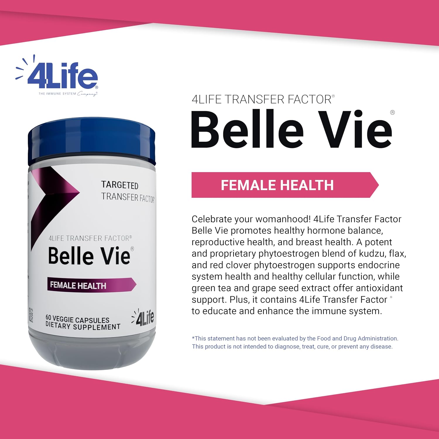 4Life Transfer Factor Belle Vie - Apoyo Hormonal Femenino, 60 Cápsulas Vegetales