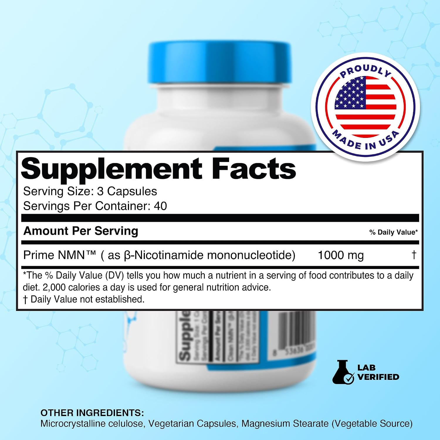 Prime Powders Cápsulas de NMN – 1000 mg por Ración – Nicotinamida Mononucleótido Estabilizada – Alta Potencia – 120 Cápsulas Vegetarianas, No Transgénico y Sin Gluten