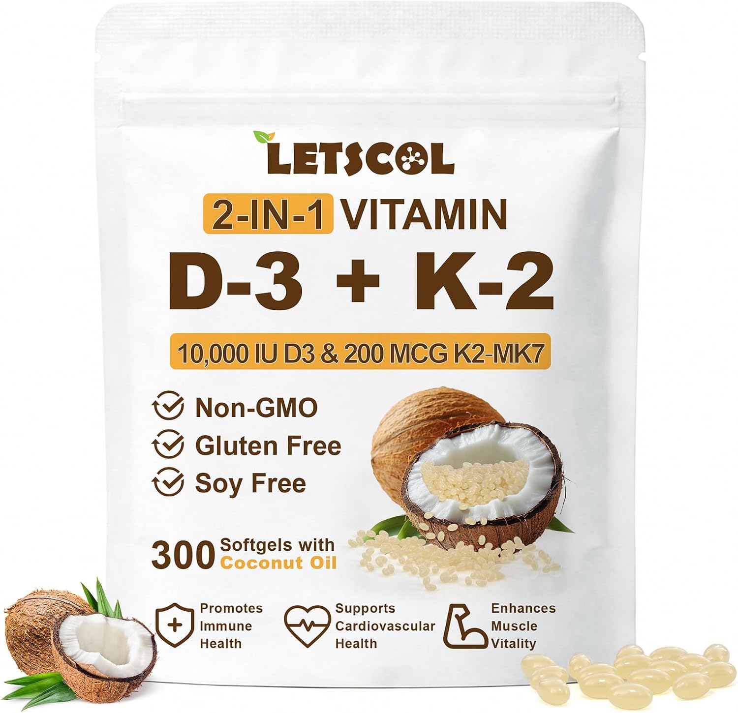 LETSCOL 2-en-1 Vitamina D3 K2 Softgel, 10000 UI de Vitamina D3 y 200 mcg de Vitamina K2 MK-7