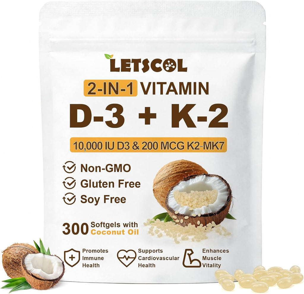 LETSCOL Vitamina D3 10000 UI + K2 200 mcg (MK-7) - Complemento 2 en 1 en Cápsulas Blandas