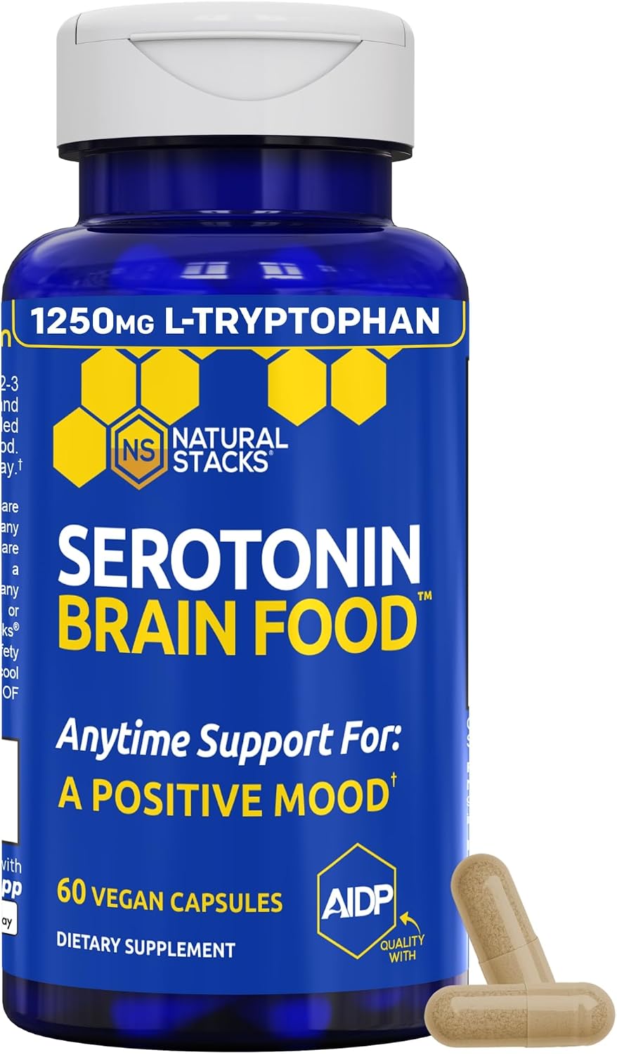 Serotonin Brain Food - 1250mg L-Tryptophan & 400mg Rhodiola Rosea - Apoyo al Estado de Ánimo - 60 Cápsulas