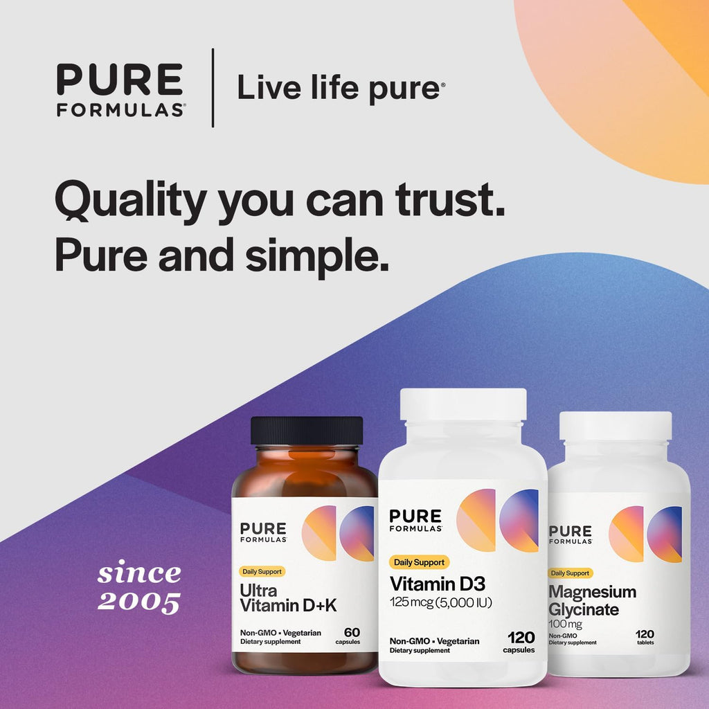 PureFormulas Vitamina D3 5000 IU (125 mcg) - Suplemento de Vitamina D para la Salud Ósea e Inmunitaria - Cápsulas Vegetarianas No Transgénicas - 120 Cápsulas