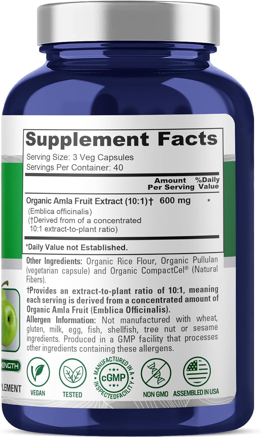 NusaPure Cápsulas de Amla Orgánico 600 mg, 120 Cápsulas Veganas