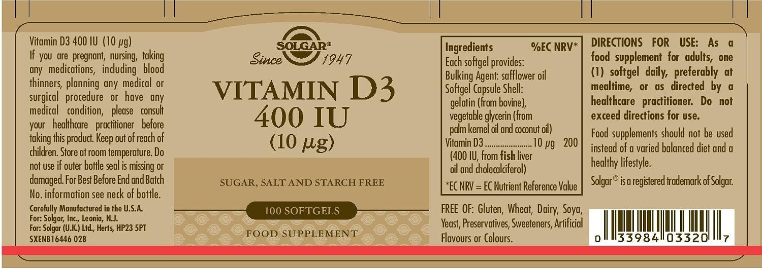Solgar Vitamina D3 (Colecalciferol) 400 UI, 100 Cápsulas Blandas