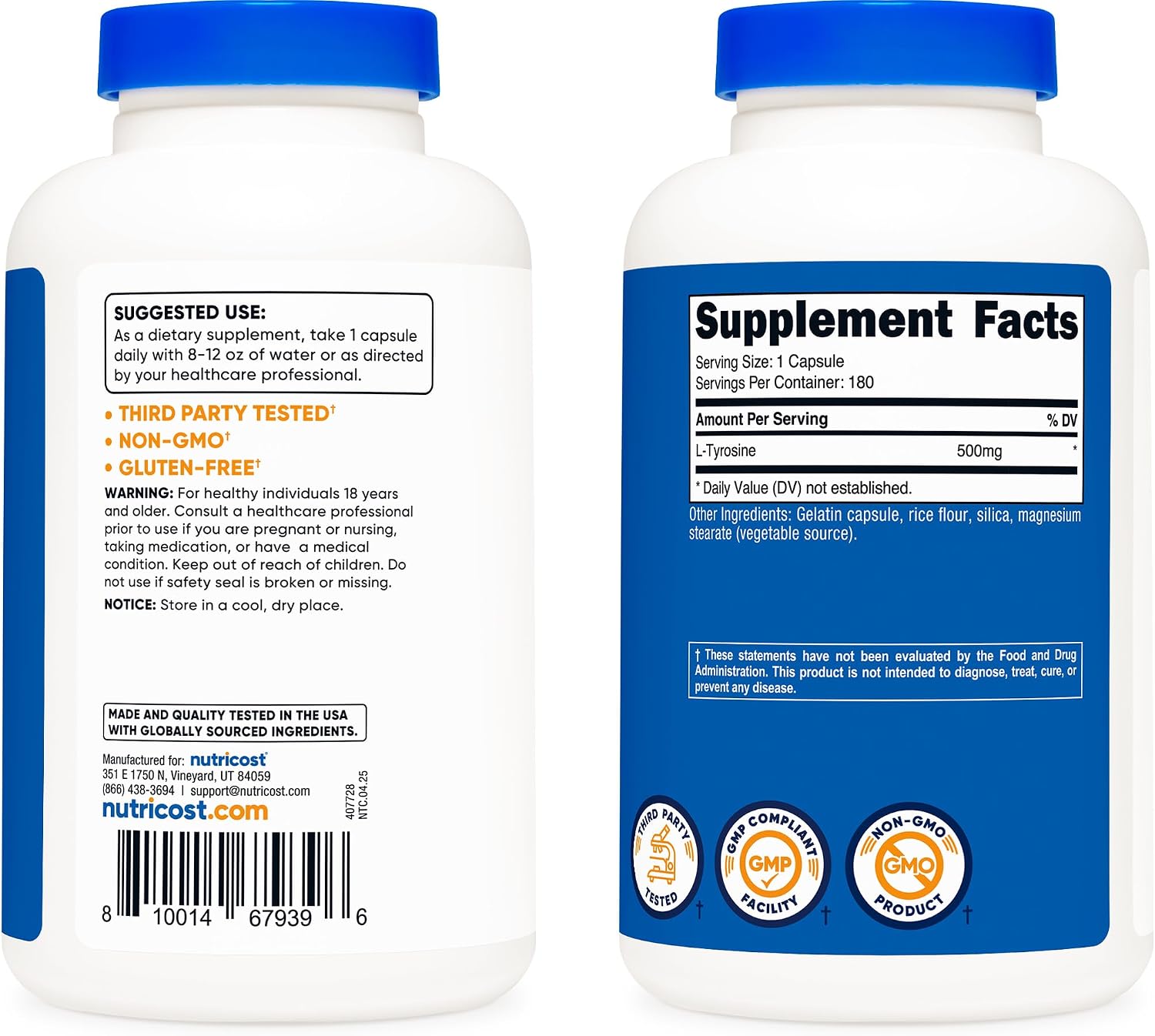 Nutricost L-Tyrosine 500mg, 180 Cápsulas - Sin Gluten y No GMO