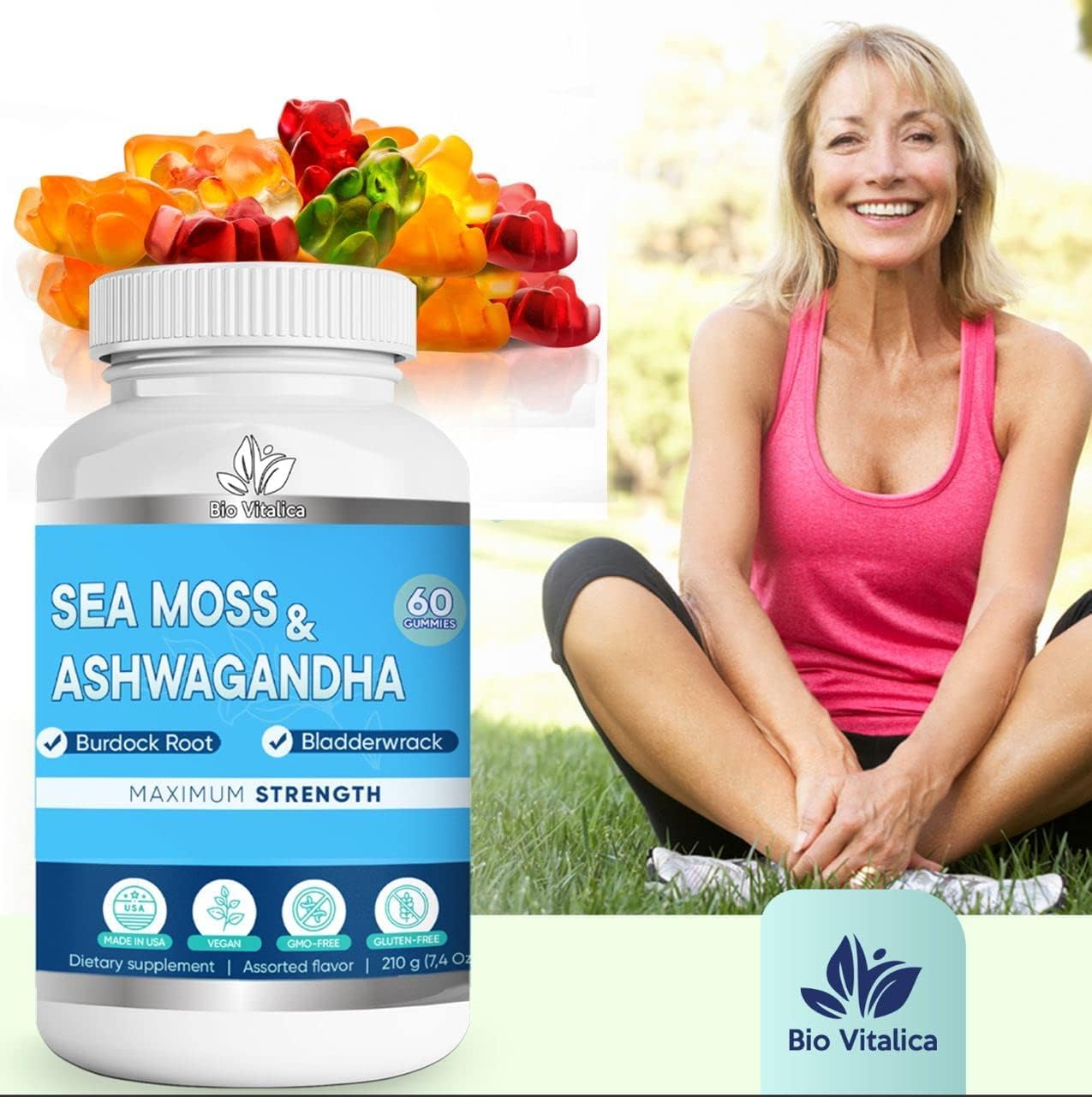 Gominolas Orgánicas de Sea Moss y Ashwagandha con Bardana y Bladderwrack - 60 Unidades Veganas