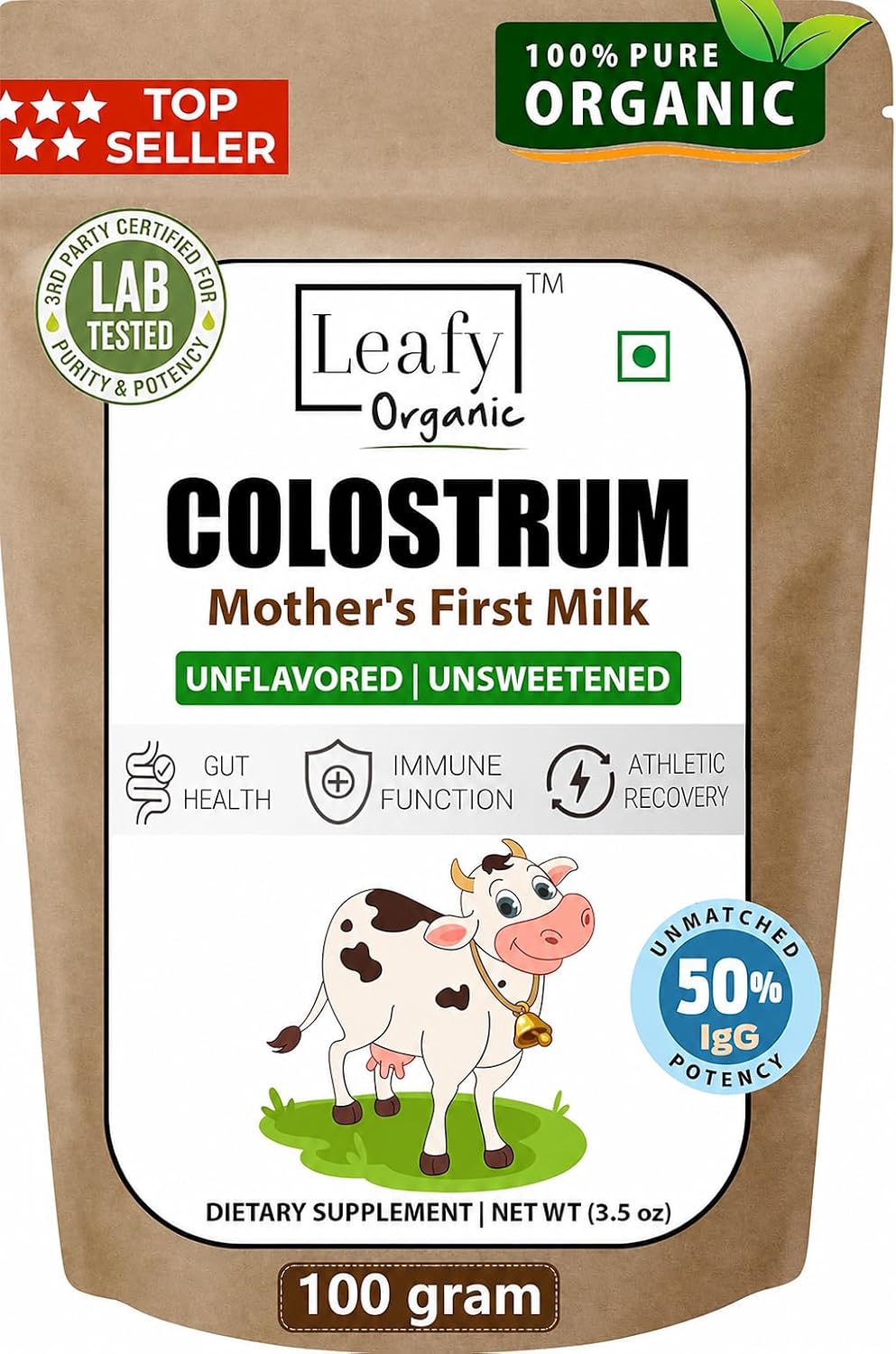 Leafy Organic Calostro en Polvo Puro 100% - Suplemento para la Salud Intestinal y el Sistema Inmunológico, 50% IgG, Sin Sabor (100g)