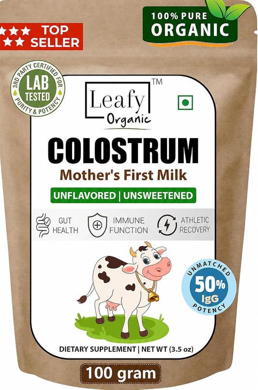 Leafy Organic Calostro en Polvo Puro 100% - Suplemento para la Salud Intestinal y el Sistema Inmunológico, 50% IgG, Sin Sabor (100g)