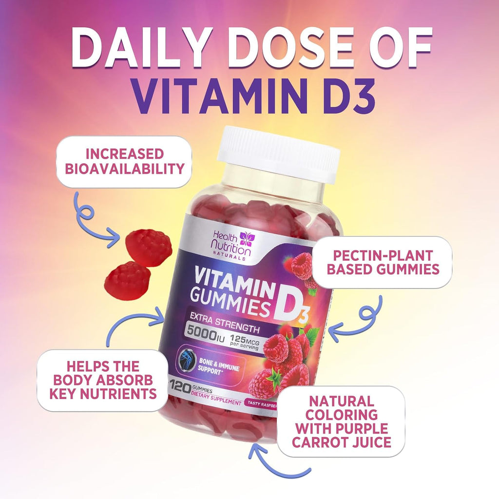 Vitamin D3 Gummies 5000 IU - 120 Gominolas de Vitamina D3 con Sabor a Frambuesa