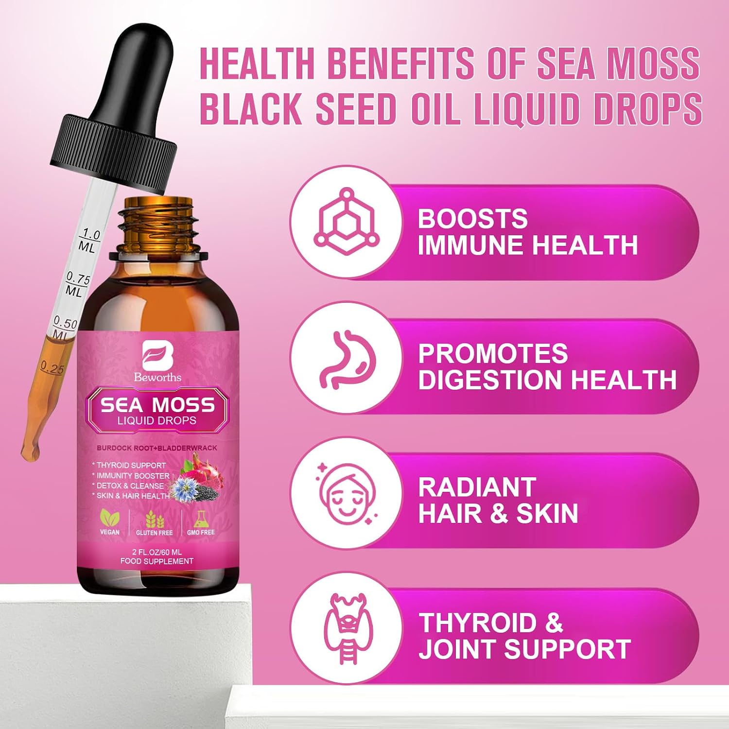 Sea Moss Liquid Drops - Musgo Marino Irlandés Orgánico con Aceite de Semilla Negra, Espirulina, Saúco y Vitaminas C y D3