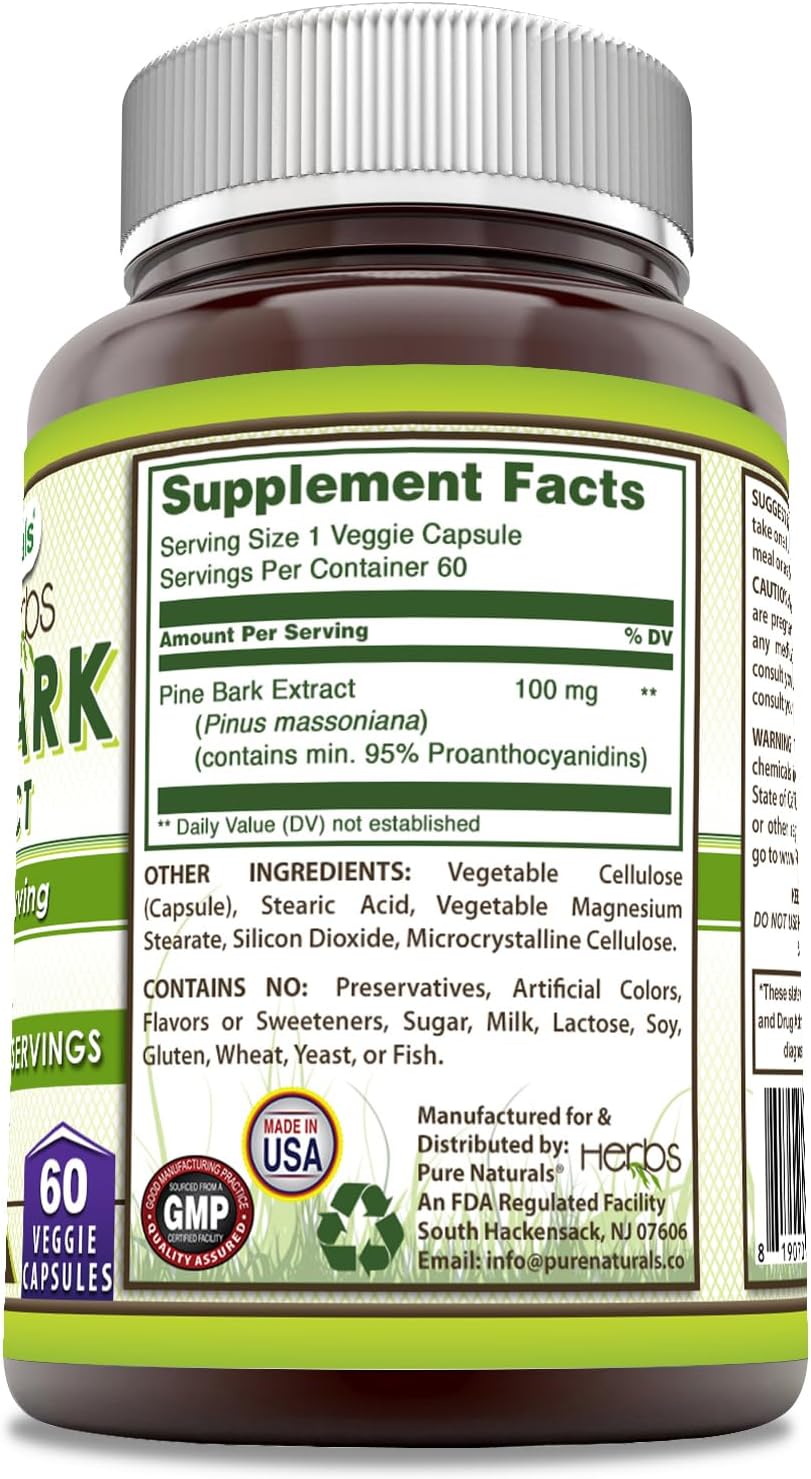 Pure Naturals Extracto de Corteza de Pino | 100 mg por Cápsula | 60 Cápsulas Vegetales | No Transgénico | Sin Gluten