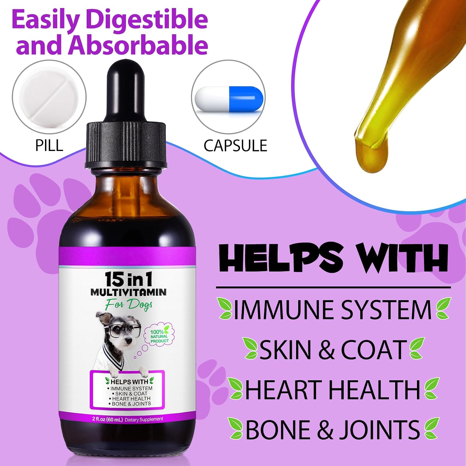 Multivitamínico Líquido 15 en 1 para Perros – Apoyo Articular, Piel y Digestión (60 ml)