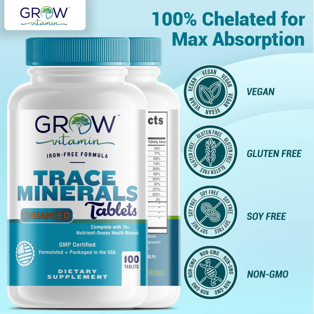 Complejo de Minerales Traza Grow Vitamin - 70+ Nutrientes Esenciales - 100 Comprimidos