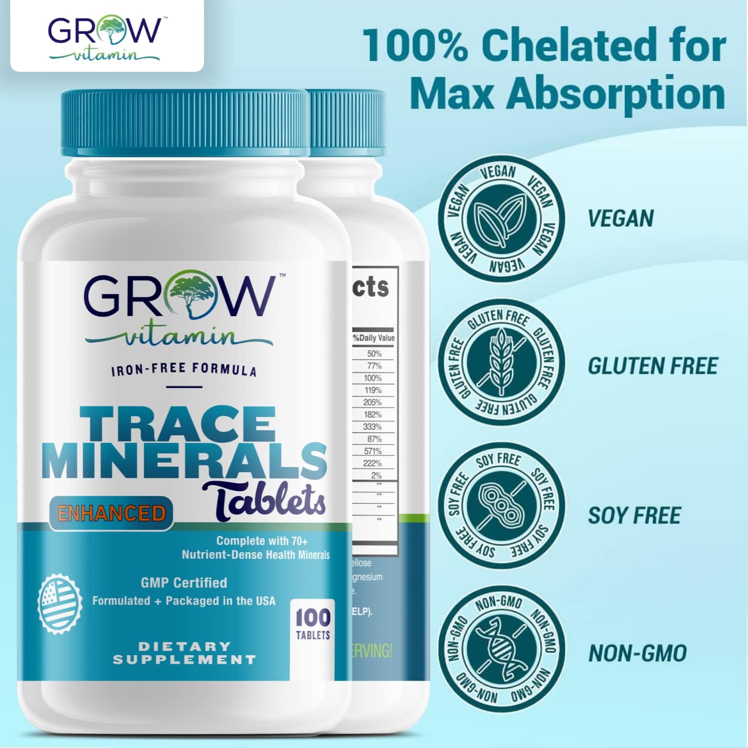 Complejo de Minerales Traza Grow Vitamin - 70+ Nutrientes Esenciales - 100 Comprimidos