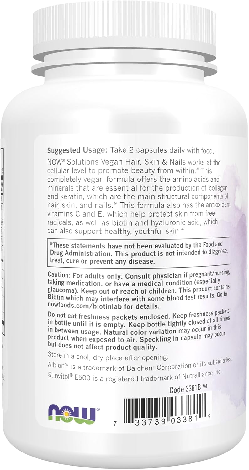 NOW Foods Solutions, Vegan Hair, Skin & Nails - 5000 mcg Biotina, 90 Cápsulas Vegetales
