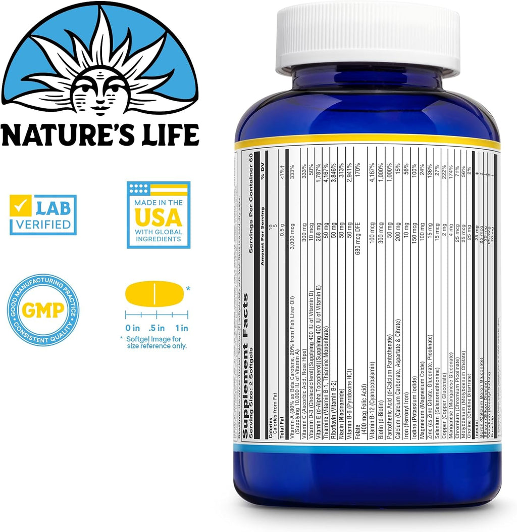 Nature's Life Soft Gelatin Multiple - Multivitamínico y Mineral Completo con Hierro, 120 Softgels
