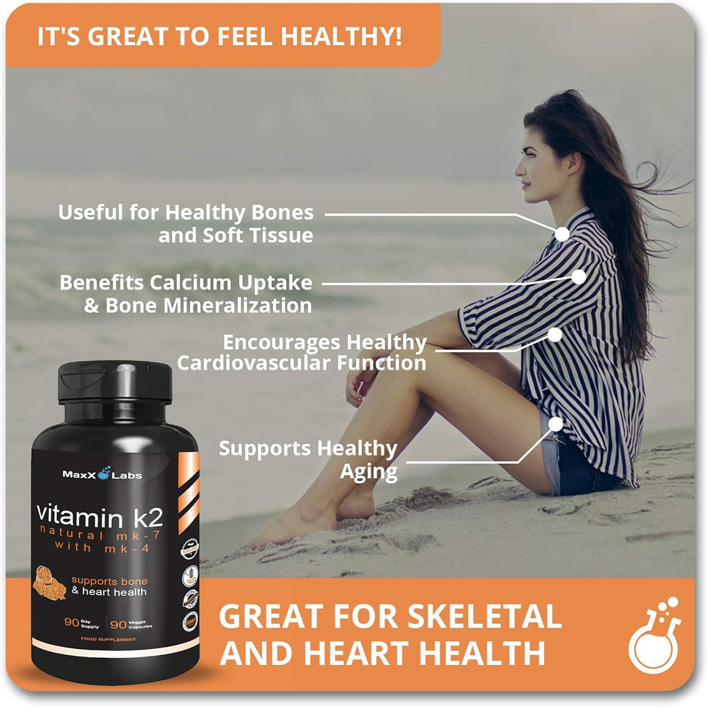 MaxX Labs Vitamina K2 con Vitamina D3 - Complejo K2 MK-7 y MK-4 - 600 mcg - 90 Cápsulas