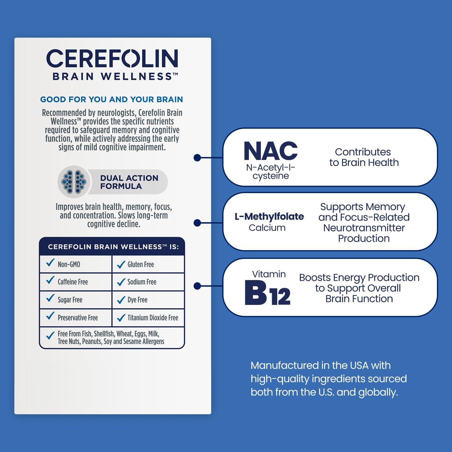 Cerefolin Brain Wellness - Suplemento Cognitivo con L-Metilfolato, NAC y B12 (60 Cápsulas)