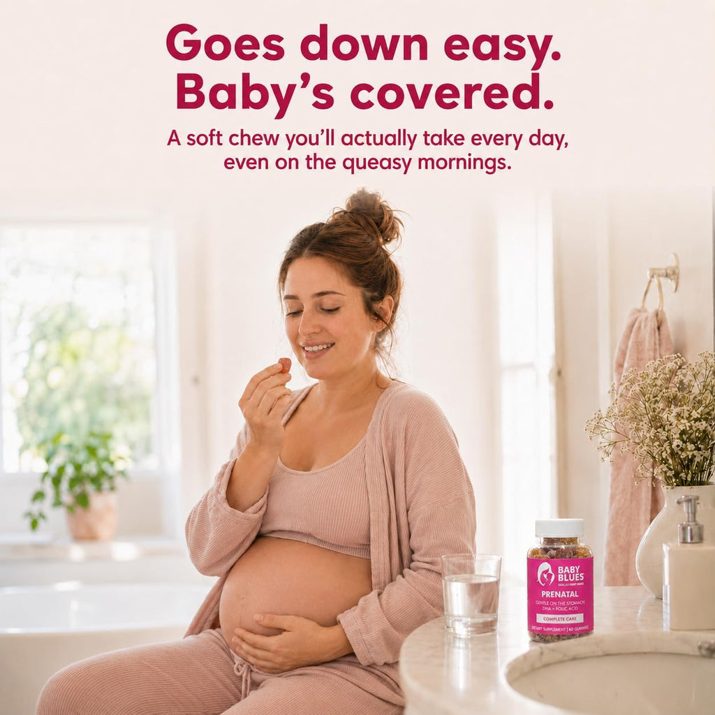 Baby Blues Gominolas Prenatales – Multivitamínico con DHA y Ácido Fólico, Sin Hierro, Sabor Limonada de Frambuesa (60 Gominolas)