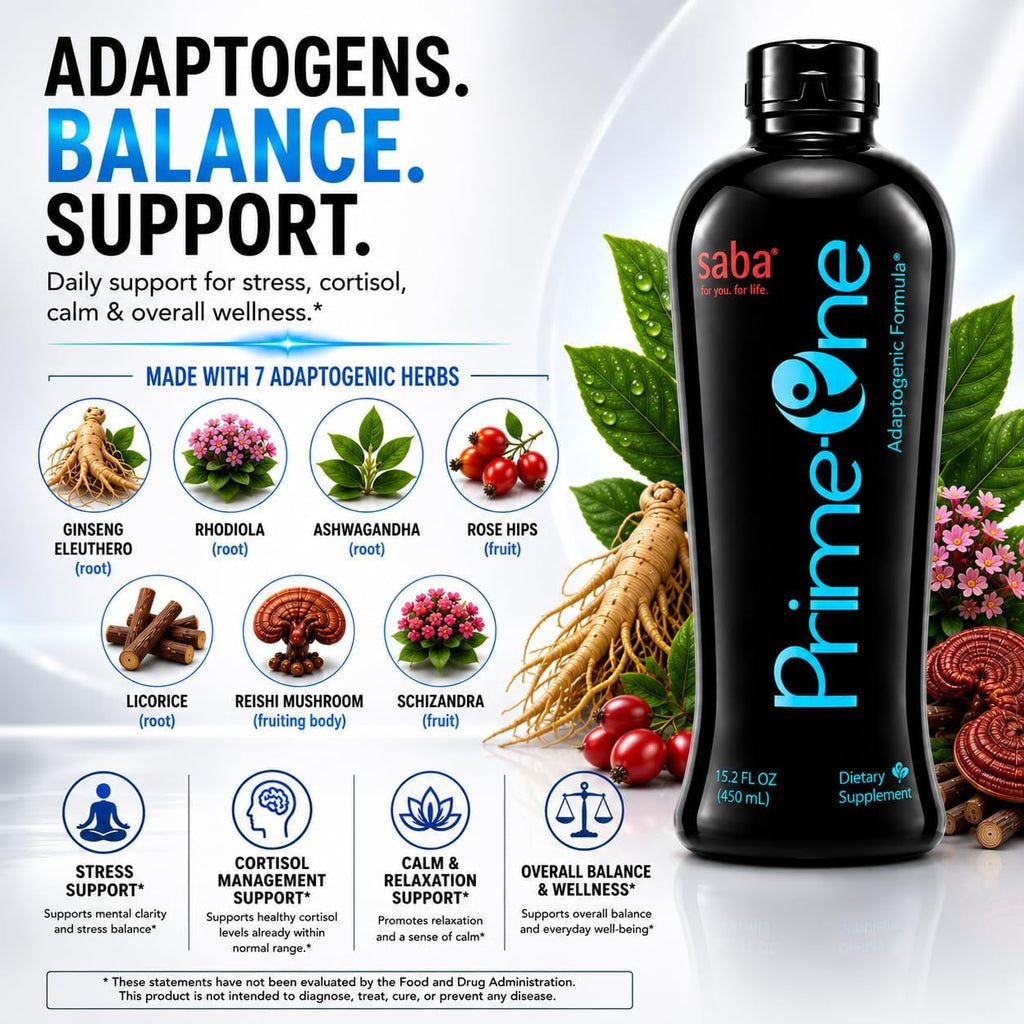 Saba Prime One Líquido Adaptógeno con Ashwagandha, Rhodiola, Reishi, Ginseng y Eleuthero - 946 ml
