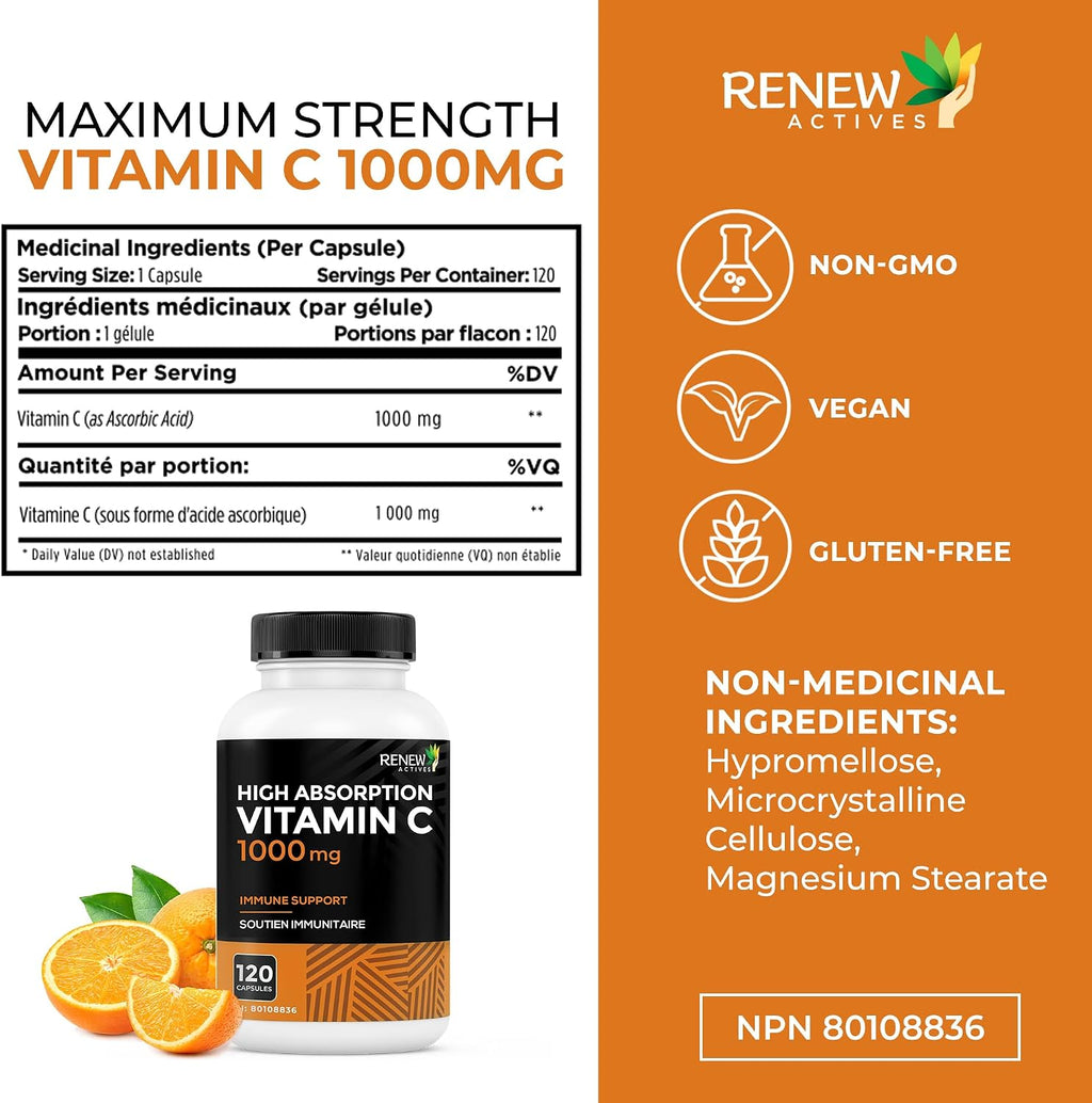 RENEW ACTIVES Maximum Strength Vitamina C 1000 mg por ración – Antioxidante y Refuerzo Inmunitario – No-GMO, Sin Azúcar, 120 Cápsulas – Hecho en Canadá
