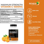 RENEW ACTIVES Maximum Strength Vitamina C 1000 mg por ración – Antioxidante y Refuerzo Inmunitario – No-GMO, Sin Azúcar, 120 Cápsulas – Hecho en Canadá