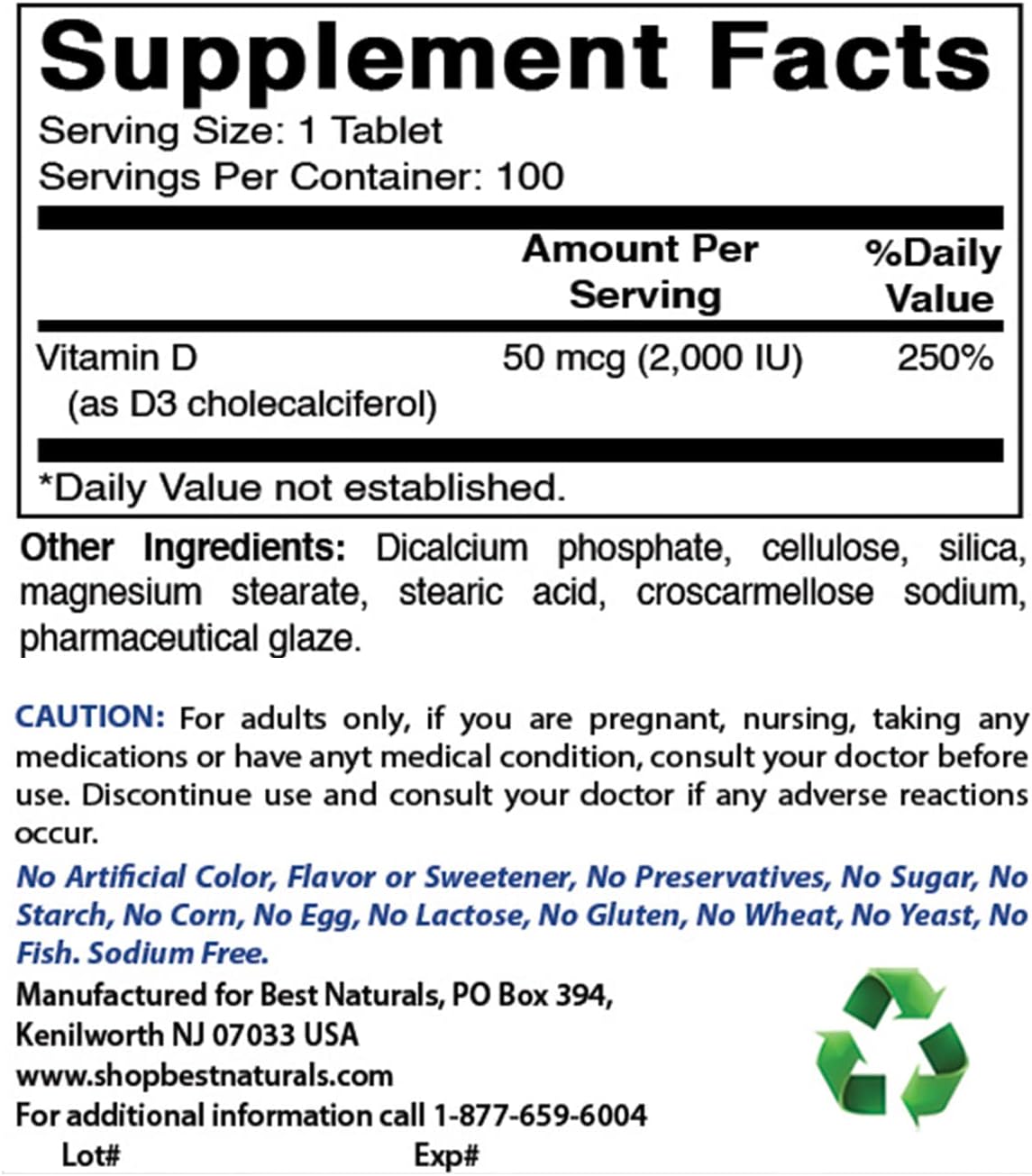 Best Naturals Vitamina D3 2000 UI (50 mcg) - 100 Comprimidos (Pack de 3)