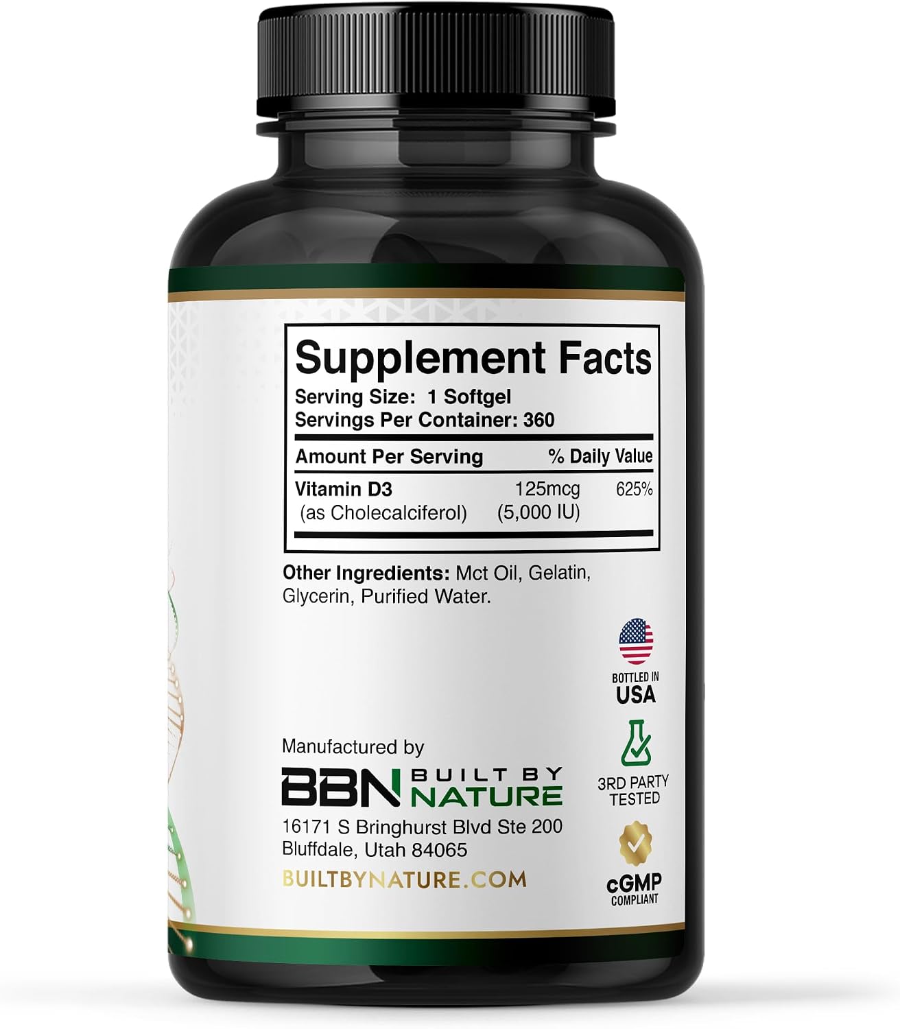 Built by Nature Vitamina D3 5000 UI, 360 Minicápsulas Blandas con Aceite MCT de Coco