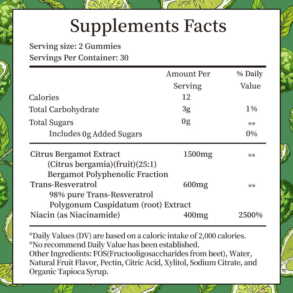 Gominolas de Bergamota Cítrica 1500 mg con Resveratrol y Niacina - 60 Gominolas Veganas