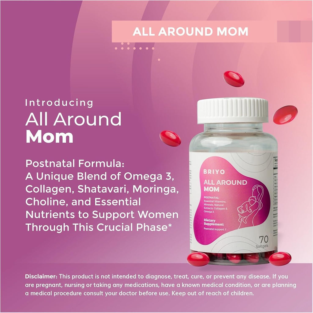 Briyo All Around Mom - Fórmula Postnatal Completa con Omega 3, Colágeno, Colina, Shatavari, Moringa, Vitaminas y Minerales - Apoya Recuperación, Energía, Lactancia y Ánimo - 60 Cápsulas Blandas